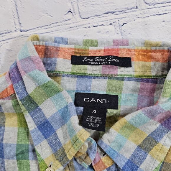 GANT Long Island Linen Regular Fit Button Shirt Preppy Rainbow Plaid MENS SZ XL - Picture 6 of 9